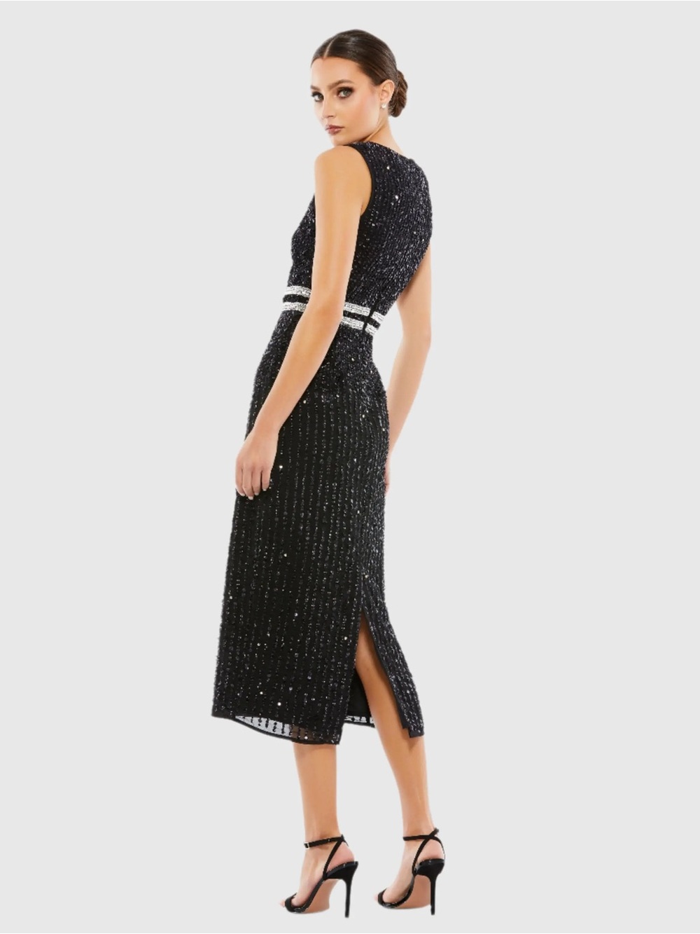 Mac Duggal Navy Sequin Beaded Midi Sheath Dress NWT Size 4